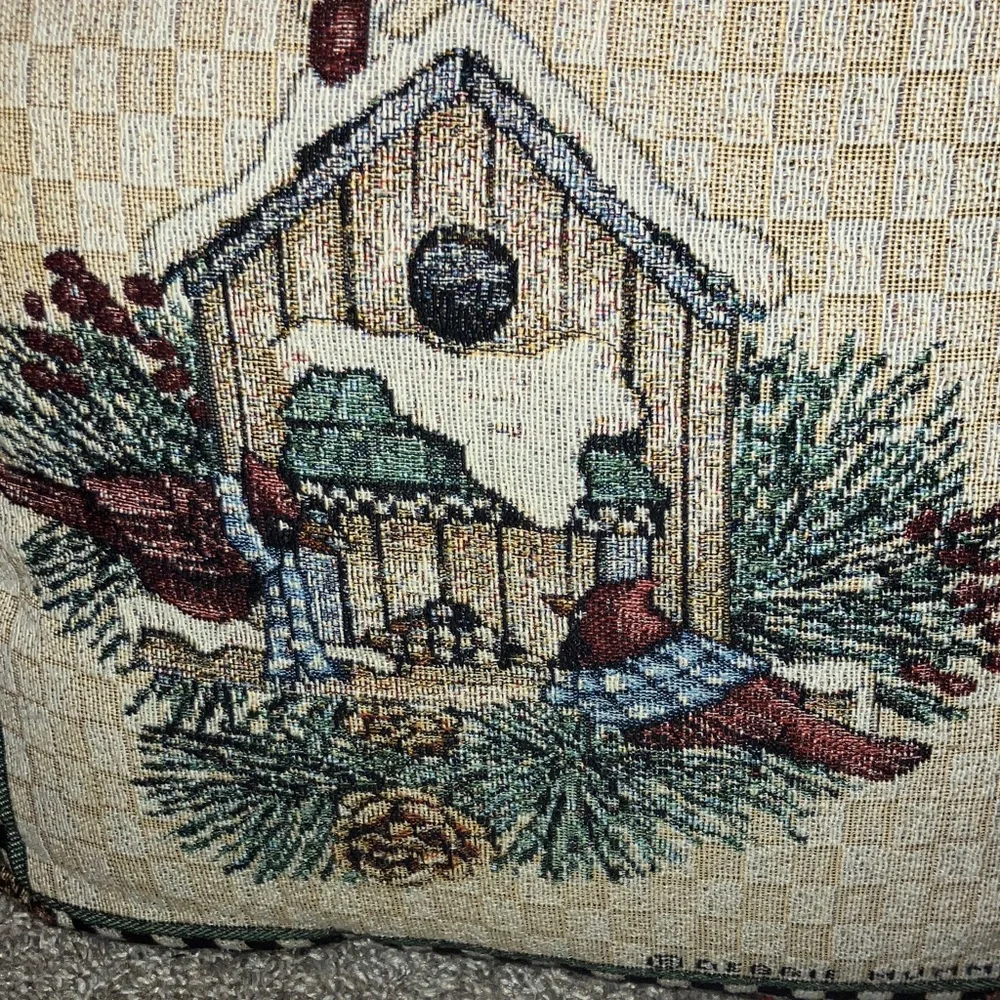 Debbie Mumm Holiday Birdhouse Pillow with Red and Green Accents 15”
